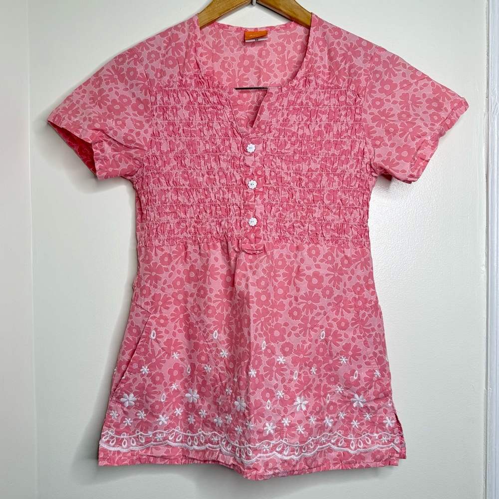 Elan Scrub Medical Nurse Vet Top Pink Floral Smocked Women’s Size XS Cotton